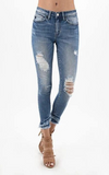 Kancan Medium Wash Distressed Mid Rise Skinny Boyfriend Jeans With Frayed Hem_Pretty Please on Broad online boutique Altavista Lynchburg Forest VA NOLA