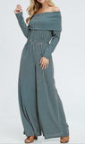 Teal Off The Shoulder Full Length Stripe Jumpsuit - Pretty Please on Broad