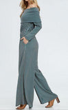 Teal Off The Shoulder Full Length Stripe Jumpsuit - Pretty Please on Broad