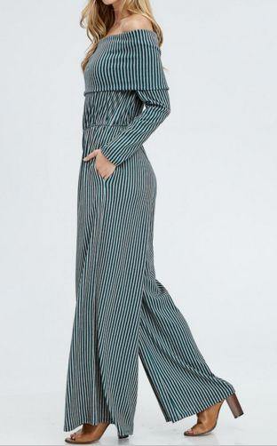 Teal Off The Shoulder Full Length Stripe Jumpsuit - Pretty Please on Broad