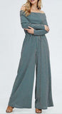 Teal Off The Shoulder Full Length Stripe Jumpsuit - Pretty Please on Broad