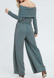 Teal Off The Shoulder Full Length Stripe Jumpsuit - Pretty Please on Broad