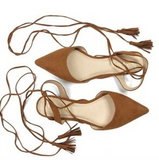 Pointed Toe Flats with Tassels in Tan