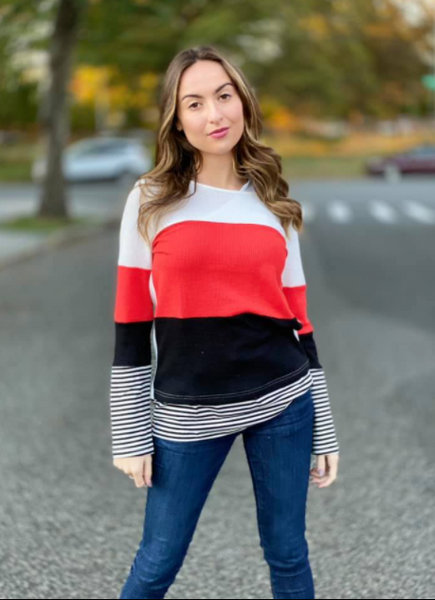 MargieRedColorblockStripedCollegeGirlsLadiesWomensTopHotTrendingValentinesDay_PrettyPleaseonBroadonlineBoutiqueAltavistaLynchburgForestVANOLA