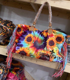 Sunflower Overnight Duffle Duffel Weekender Sunflowers Obsessed Tie Dye Tye Dye fringed hot trending_Pretty Please on Broad online boutique Altavista Lynchburg Forest VA NOLA