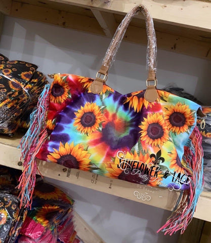 Sunflower Overnight Duffle Duffel Weekender Sunflowers Obsessed Tie Dye Tye Dye fringed hot trending_Pretty Please on Broad online boutique Altavista Lynchburg Forest VA NOLA