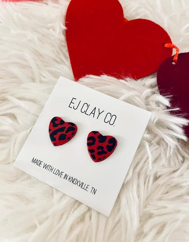 Red and Black Leopard print Heart earrings